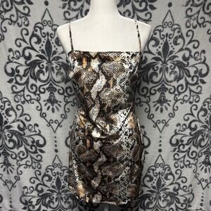 VTG 90s Love Squared Snakeskin Print Open Back Mini Dress‎ Medium Brown Black